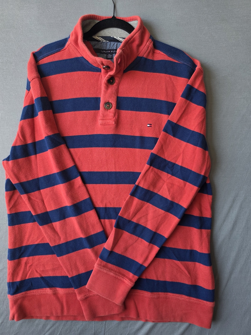 Tommy Hilfiger Men’s XXL Red Navy Striped Mock Neck Button Pullover Sweater